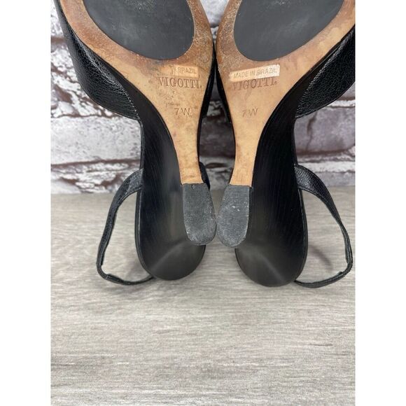 Vigotti Black Leather Open Toe Slingback High Wedge Sandals Women Sz 7W US/38EU - Picture 12 of 16